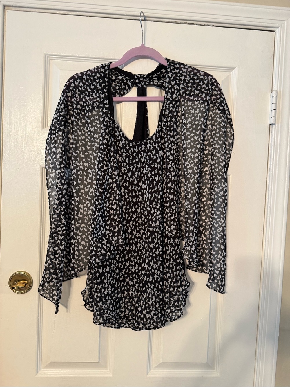 Bisou Bisou Black & White Sheer Printed Blouse Butterfly